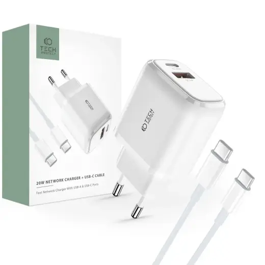 Tech-Protect C20W travel charger | 20W | PD, QC 3.0 | USB-C, USB-A | with USB-C to USB-C cable included | white