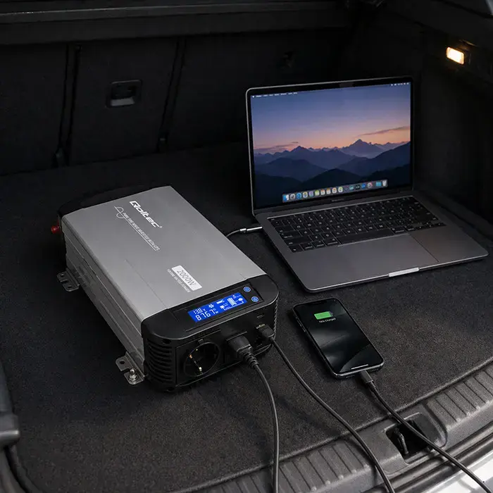 Qoltec Pure Sine Wave Inverter with UPS | 12V to 230V | 1000/2000W | LCD | USB | USB-C | Compatible with LiFePO4 GEL AGM