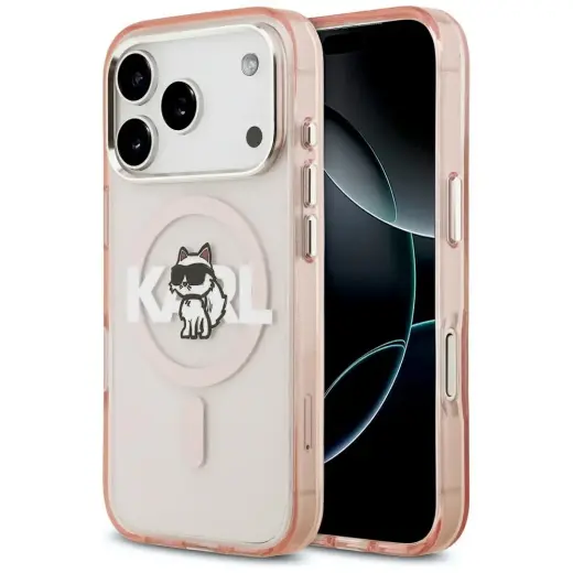 Karl Lagerfeld IML Choupette Sketch Logo maciņš ar MagSafe atbalstu telefonam iPhone 17 Pro rozā