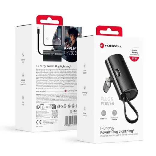 Forcell F-Energy Power Plug F5K3 PD väline akupank (powerbank) | 5000 mAh | 20W | PD | Lightning, USB-C | black