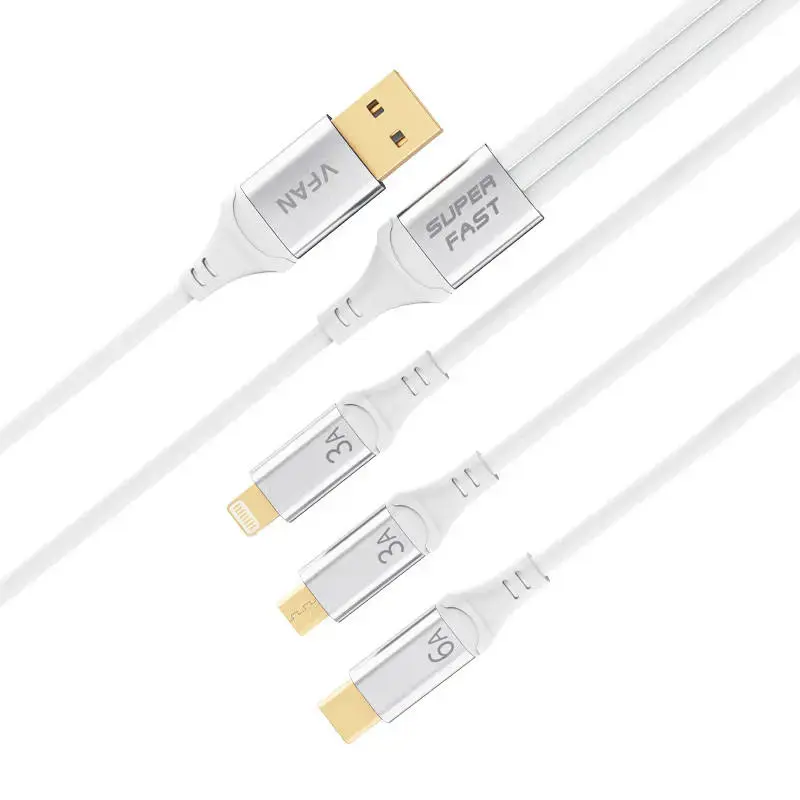 Vipfan X15 3-in-1 USB-C | Lightning | Micro 66W USB cable 1.2m, gold-plated (white)