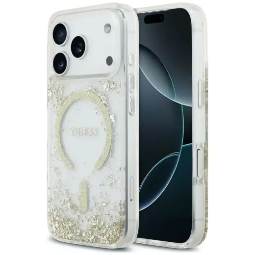 Guess Resin Bottom Glitter maciņš ar MagSafe atbalstu telefonam iPhone 18 Pro | iPhone 17 Pro zelta krāsā