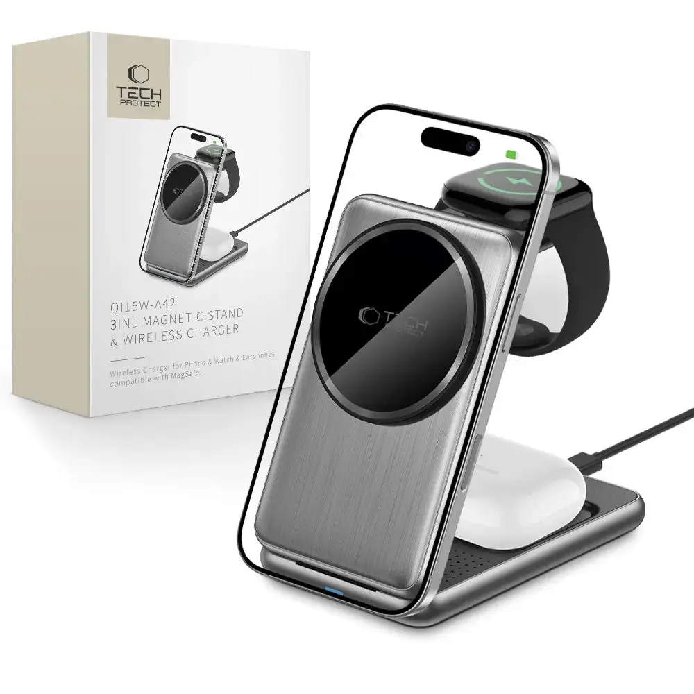 Tech-Protect QI15W-A42 3-in-1 bezvadu lādētājs | Qi | Saderīgs ar MagSafe | 22.5W | pelēks