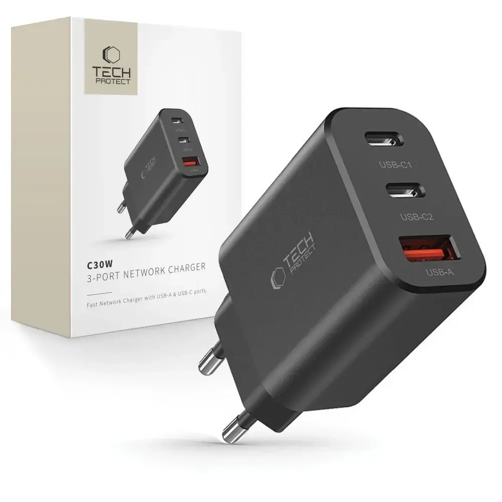 Tech-Protect NC30W tīkla lādētājs | 30W | PD, QC 3.0 | USB-C, USB-A | melns
