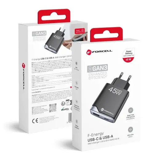 Forcell F-Energy Ultra Slim tīkla lādētājs | 45W | PD, QC, GaN | USB-C, USB-A | melns