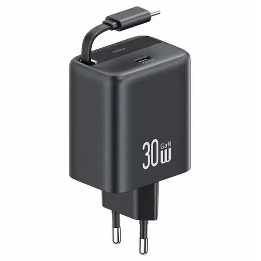 USAMS YC Series CC241 travel charger | 30W | GaN, PD, QC | USB-C | with USB-C to USB-C cable included | black