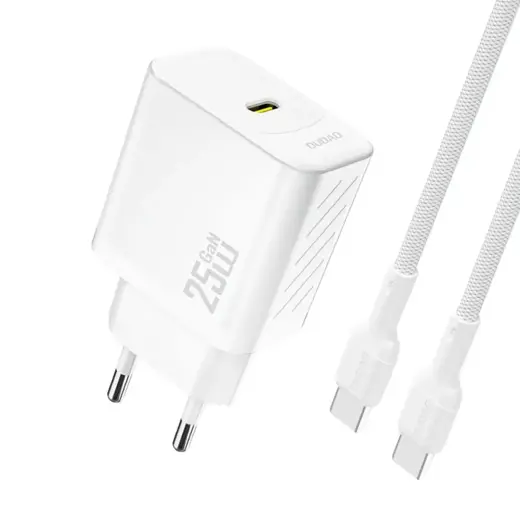 Dudao A27CEU tīkla lādētājs | 25W | PD, GaN | USB-C | ar USB-C uz USB-C vadu komplektā | balts