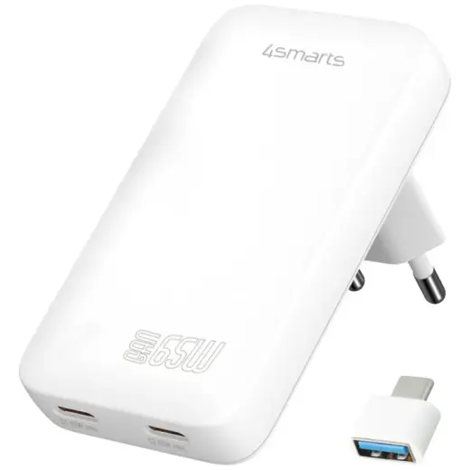 4smarts FlatPlug Slim Dual tīkla lādētājs | 65W | GaN | USB-C | balts