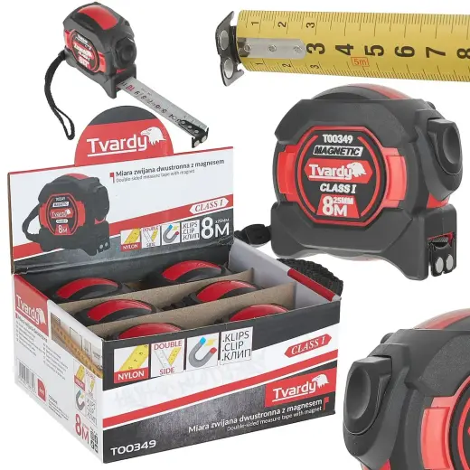 Double-sided nylon measuring tape with magnet and auto-stop 8m/25mm CLASS I – display box