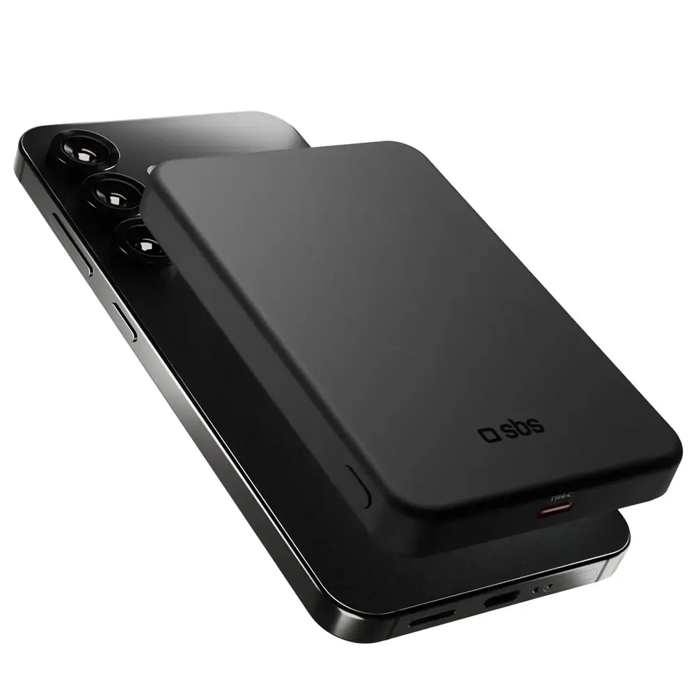 SBS Mag Power Qi2 ārējais akumulators (powerbank) | 5 000 mAh | 15W | USB-C, MagSafe, Wireless | melns