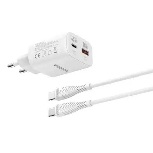 Veger TR101 tīkla lādētājs | 45W | PD, GaN, PPS | USB-C, USB-A | ar USB-C uz USB-C vadu komplektā | balts