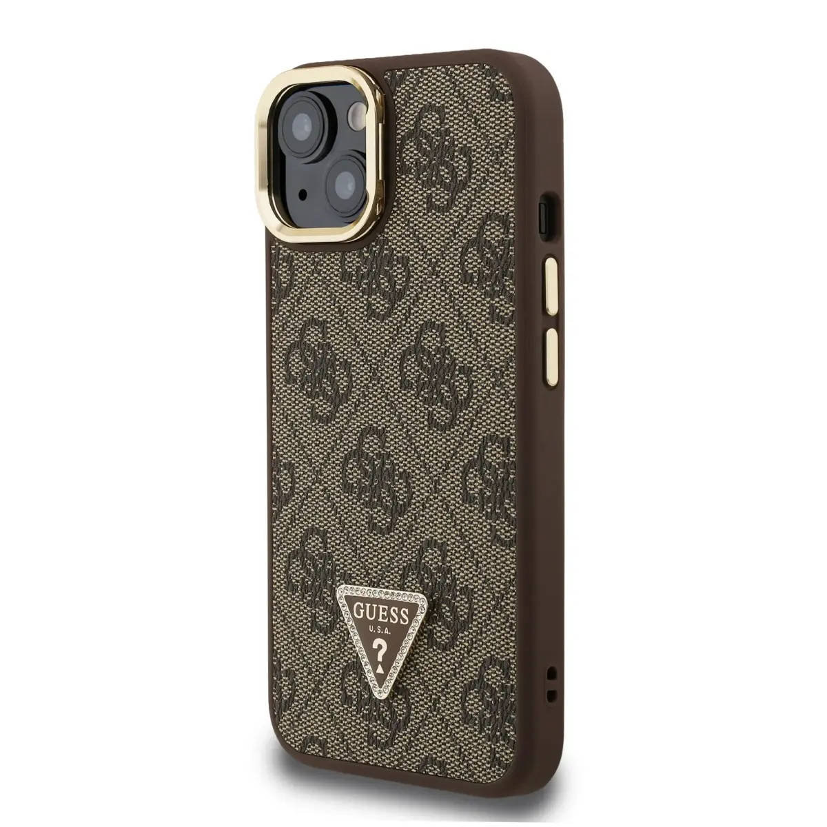 Guess PU 4G Strass Triangle Logo Stand Camera Frame MagSafe Case for iPhone 13 Brown
