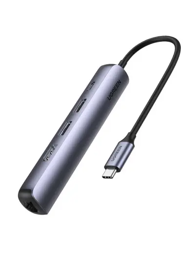 5-in-1 Adapter UGREEN CM418 USB-C to 2x USB 3.0, HDMI, RJ45, USB-C (Grey)