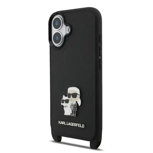 Karl Lagerfeld Saffiano Crossbody Strap Metal Karl and Choupette Case for iPhone 17 Black