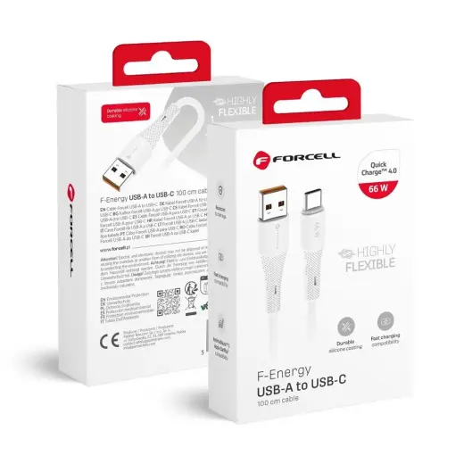 Forcell F-Energy C342 datu pārraides un uzlādes vads | USB-A uz USB-C | QC 4.0 | 66W | 1m | balts