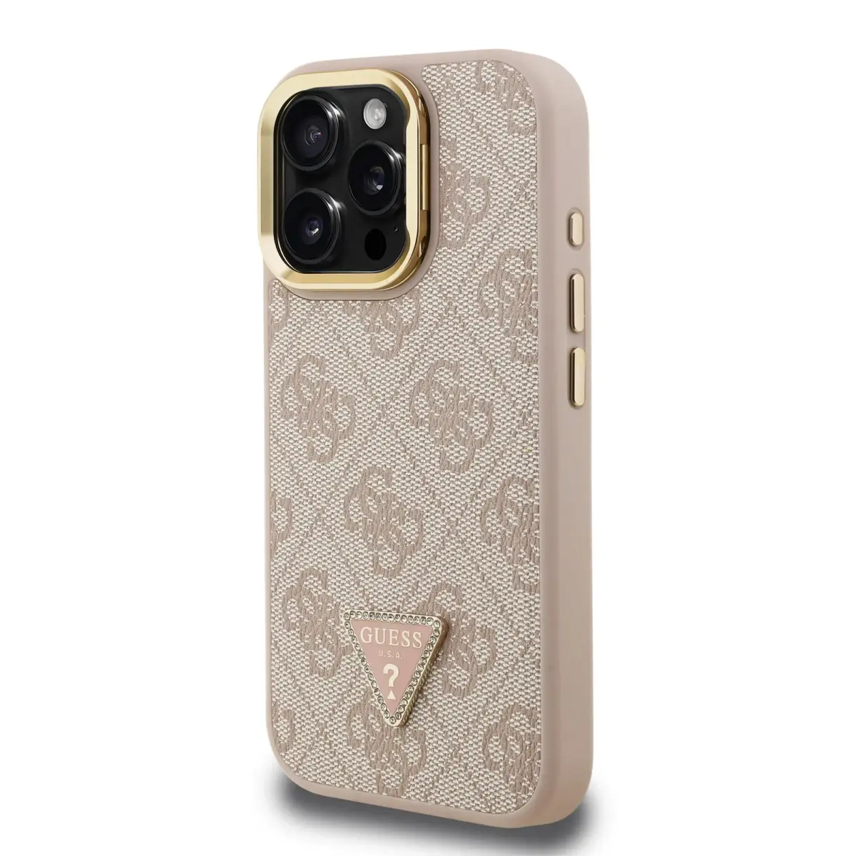 Guess PU 4G Strass Triangle Logo Stand Camera Frame MagSafe Case for iPhone 16 Pro Pink