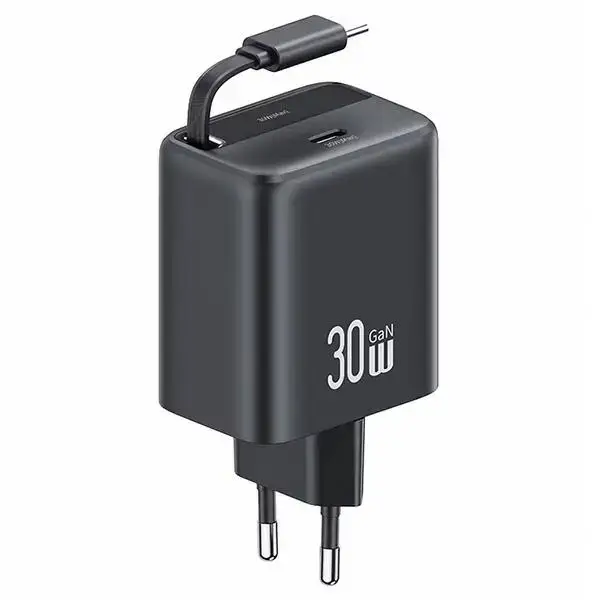 USAMS YC Series CC241 tīkla lādētājs | 30W | GaN, PD, QC | USB-C | USB-C uz USB-C vads komplektā | melns