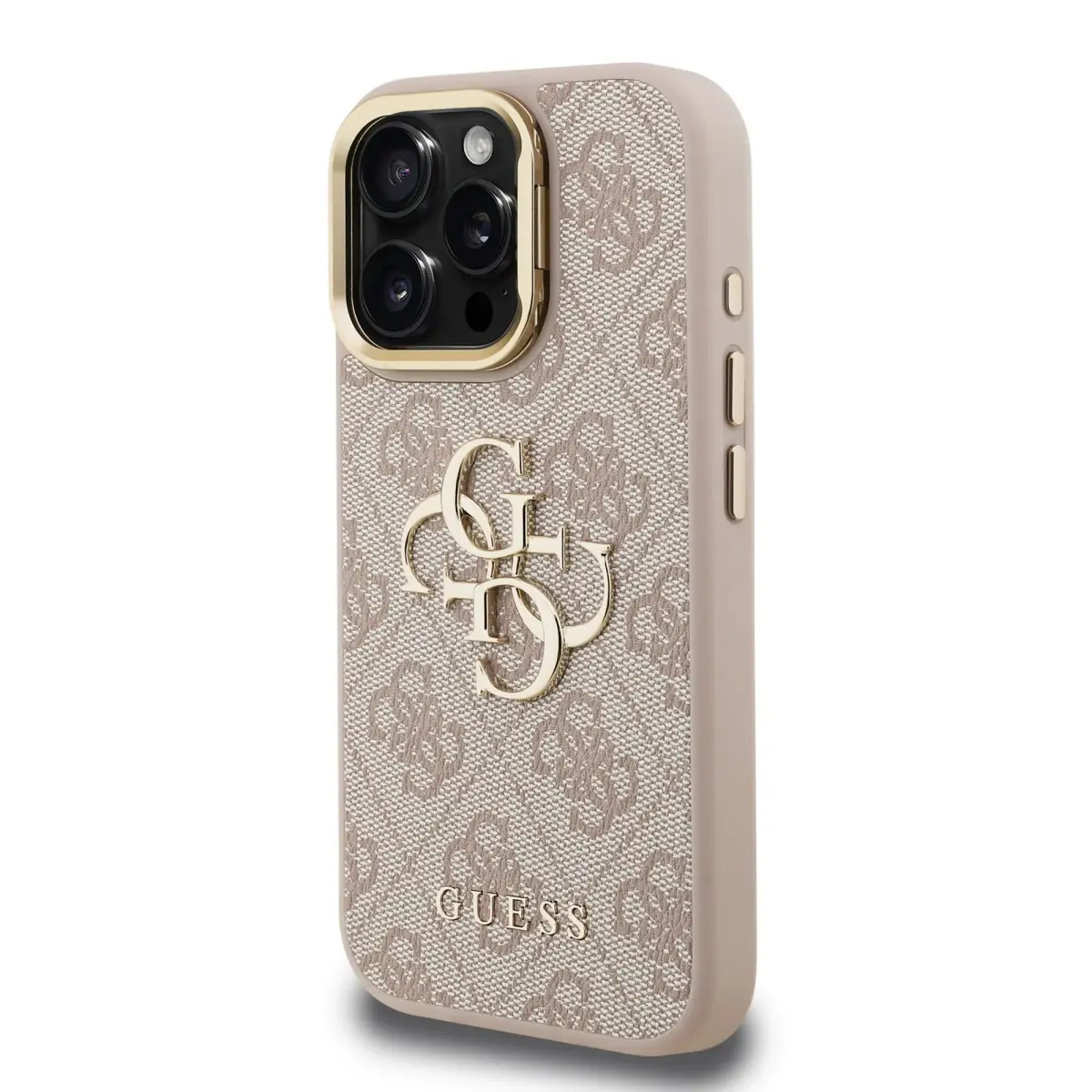 Guess PU 4G metāla logo stenda kamera rāmja telefona maciņš iPhone 15 Pro Pink