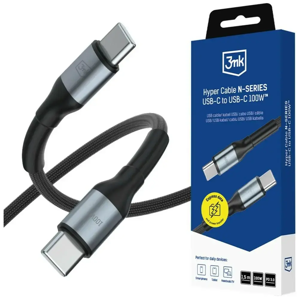 3mk Protection Hyper N-SERIES datu pārraides un uzlādes vads | USB-C uz USB-C | 100W | 1.5m | melns