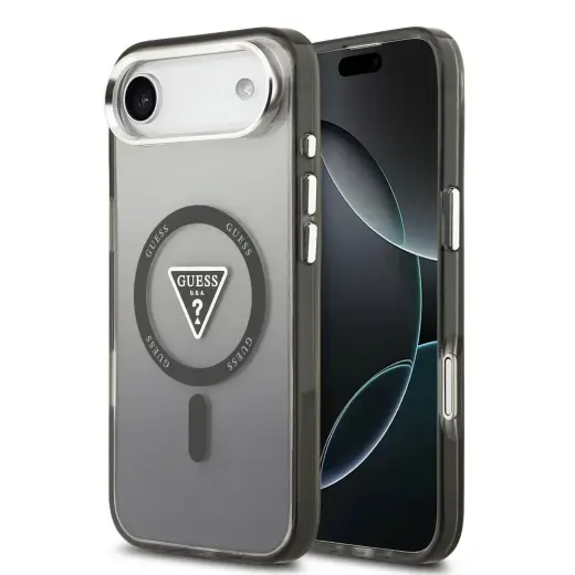 Guess IML Gradient With Print Triangle Logo & Silver Metal Camera Buttons maciņš ar MagSafe atbalstu telefonam iPhone 17 Air melns
