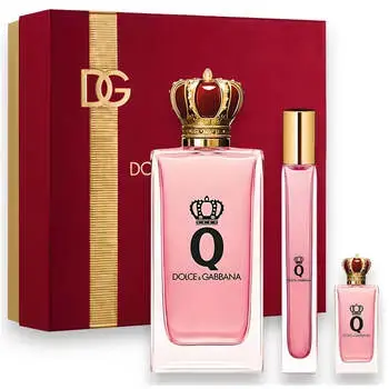 "Q by Dolce & Gabbana Gift Set EDP 100 ml, EDP 5 ml miniature, and EDP 10 ml miniature."