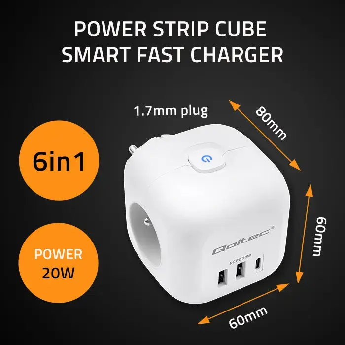 Qoltec Power cube 6-in-1 extension cord with illuminated switch | 3x AC | 2x USB | 1x USB-C PD 20W | White