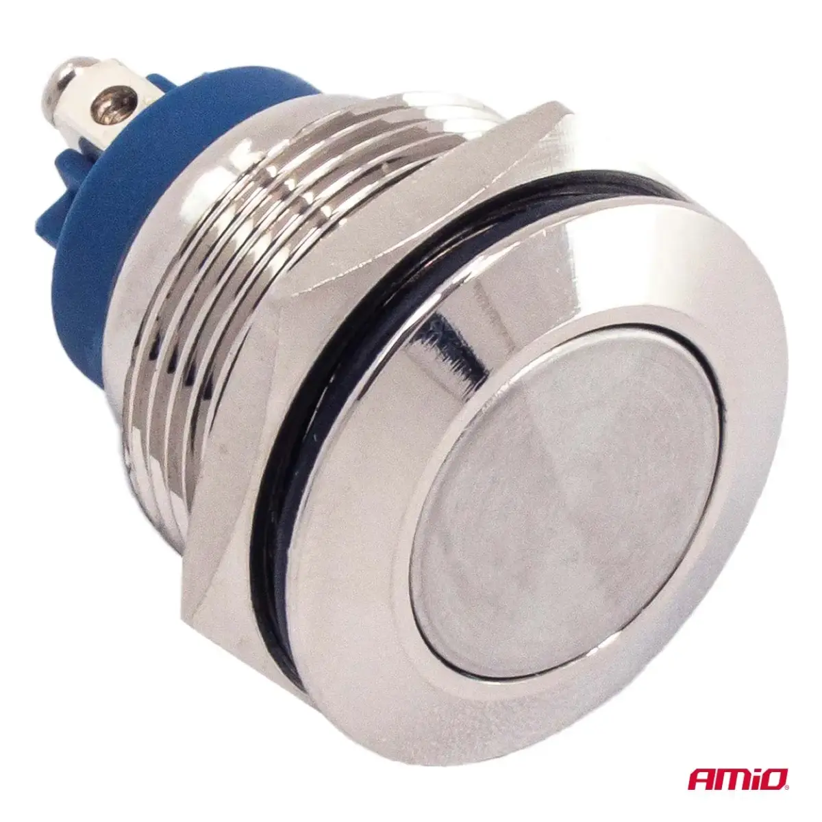 Flat round steel momentary button 19 mm, 5 A, 12/230 V, AMIO-04436
