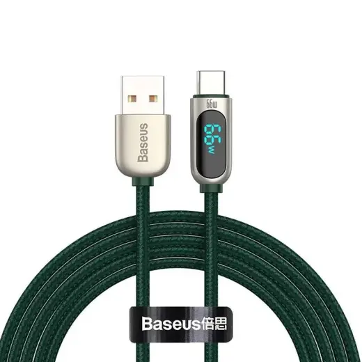 Baseus CASX020106 datu pārraides un uzlādes vads | USB-A uz USB-C | 66W | ar LED ekrānu | 2m | zaļš