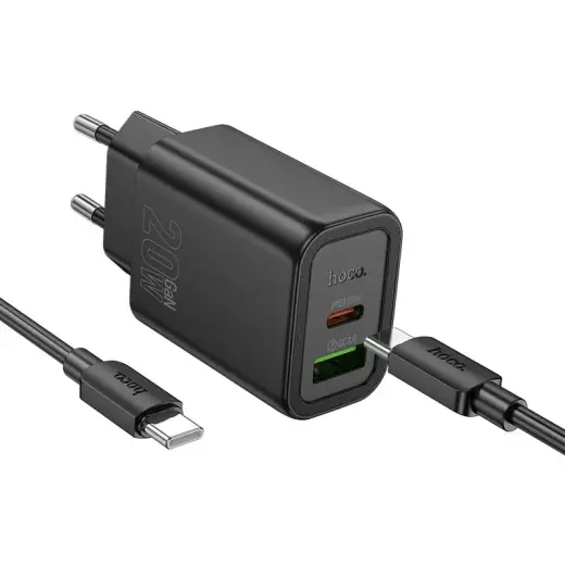 HOCO N61 tīkla lādētājs | 20W | PD, QC | USB-C, USB-A | ar USB-C uz USB-C vadu komplektā | melns