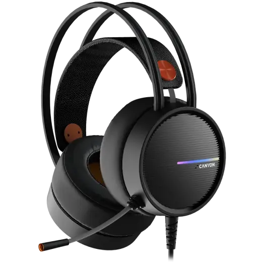 CANYON INTERCEPTOR GH-8A, Gaming headset 3.5mm jack plus USB connector for LED backlight, adjustable microphone and volume control, with 2in1 3.5mm adapter, cable 2M, Black and Orange, 0.36kg