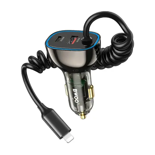 Зарядка для автомобиля BWOO CC96L | 30W | PD | USB-C, USB-A, Lightning | с кабелем USB-C на Lightning в комплекте | серая