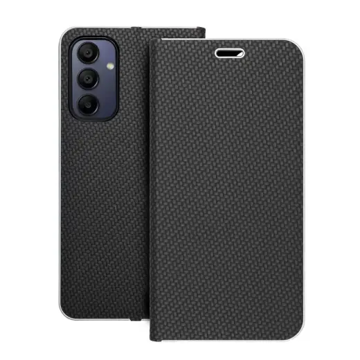 LUNA Carbon knyginio tipo telefono dėklas Samsung Galaxy A15 4G (A155) | A15 5G (A156) juodas