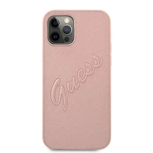 Guess GUHCP12LRSAVSRG PU Saffiano Vintage Script telefoni ümbris iPhone 12 Pro Max roosa