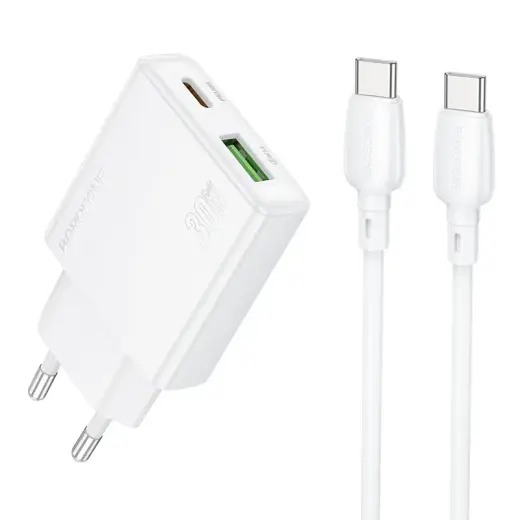 Borofone BN25 travel charger | 30W | PD, QC3.0 | USB-A, USB-C | with USB-C to USB-C cable included | white