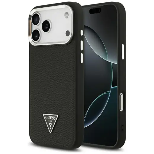 Guess Grained Triangle Logo telefoniümbris MagSafe toega iPhone 17 Pro Max jaoks, must