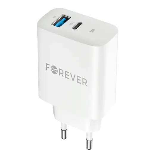 Forever TC-07-30AC tīkla lādētājs | 30W | PD, QC | USB-C, USB-A | balts