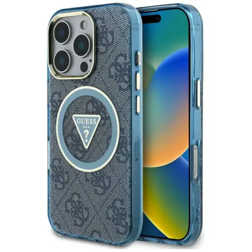 Guess IML Metal Glitter 4G Circle Triangle чехол для телефона для iPhone 16 Pro Max синий с MagSafe