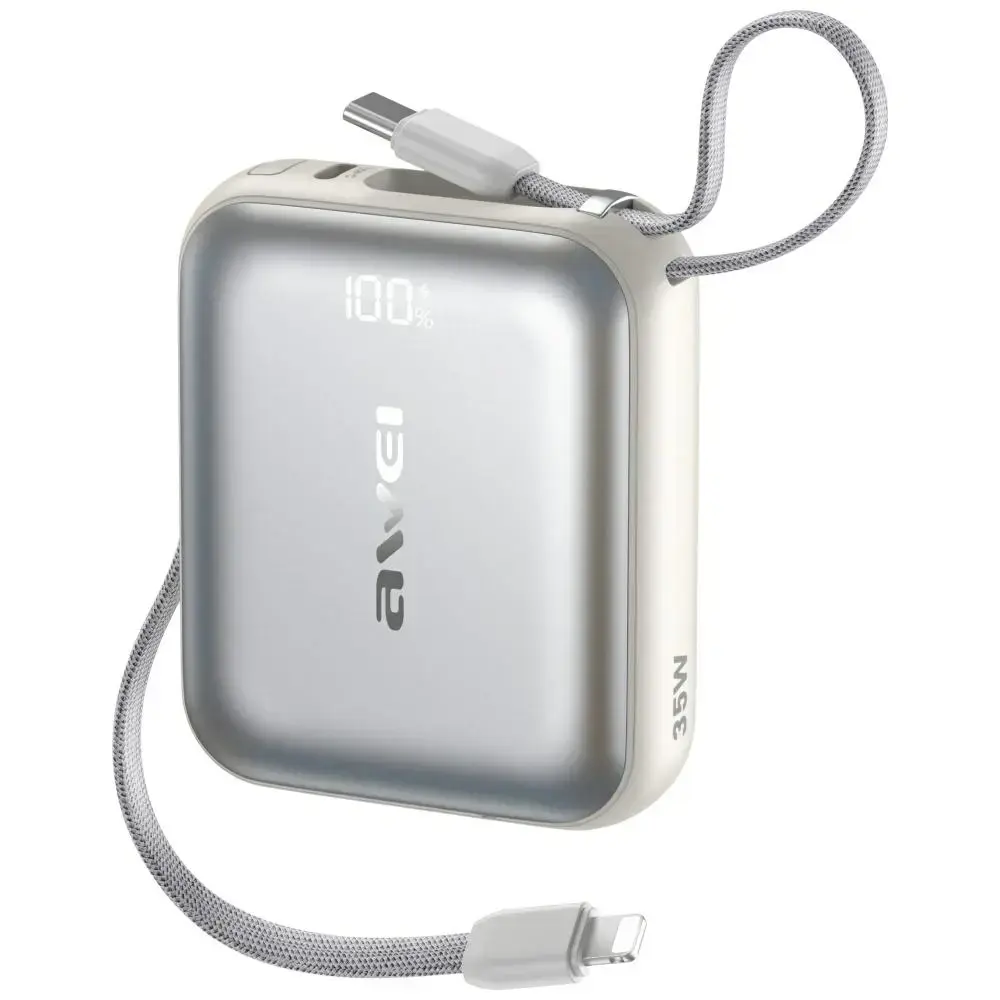 Awei AS-181 ārējais akumulators (powerbank) | 10 000 mAh | 35W | USB-C, Lightning | sudraba krāsā