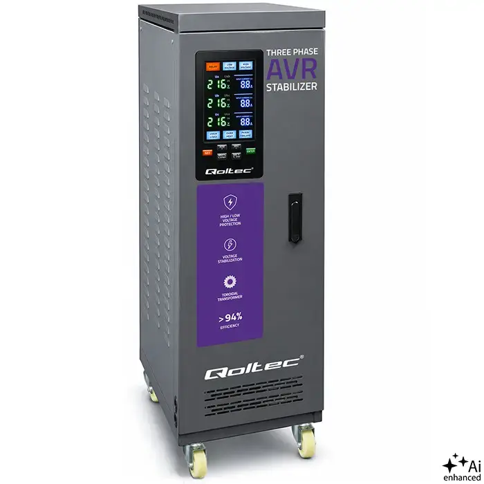Qoltec Three-phase AVR MULTIPROTECTION voltage stabiliser | 40kVA | Accuracy ± 3% | 3-phase servo motor | LCD