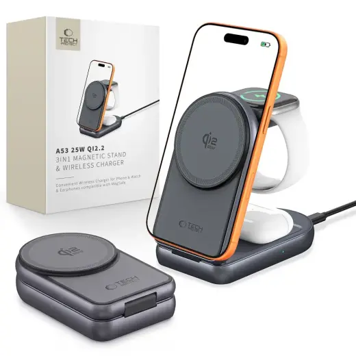 Tech-Protect A53 3-in-1 belaidis įkroviklis | Qi 2.2 | Suderinama su MagSafe | 25W | pilkas