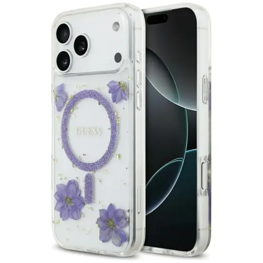 Guess Resin Flowers Glitter MagSafe case for iPhone 17 Pro Max purple