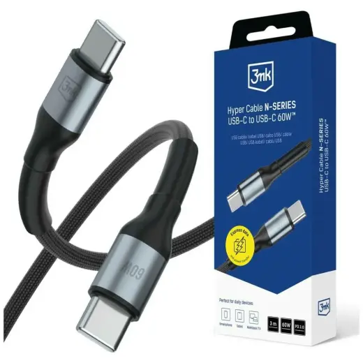 3mk Hyper N-SERIES duomenų perdavimo ir įkrovimo laidas | USB-C į USB-C | PD 3.0, QC 3.0 | 60W | 3m | juodas