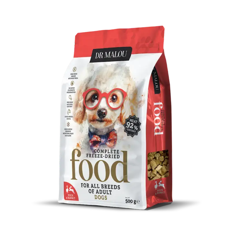 Liofilizēta barība suņiem - DR Malou, Duck with rabbit - Adult Dog 500g