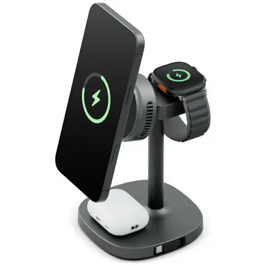 ENERGEA MagArctic Stand 3-in-1 bezvadu lādētājs | Qi 2 | Saderīgs ar MagSafe | pelēks