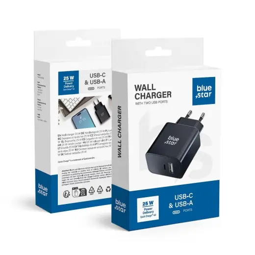 Blue Star TFB-TC-25WPD tīkla lādētājs | 25W | PD, QC | USB-C, USB-A | melns
