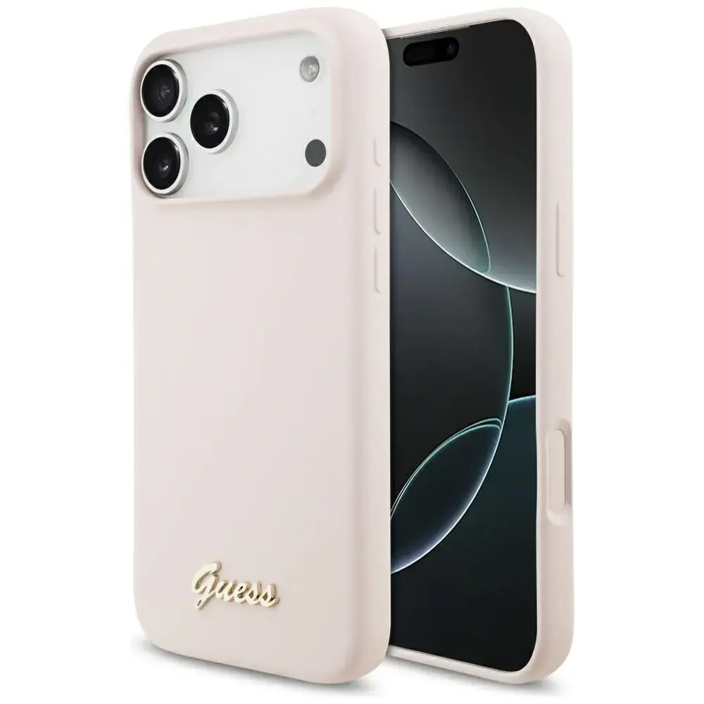 Case Guess Silicone Script Metal Logo MagSafe for iPhone 17 Pro Max pink