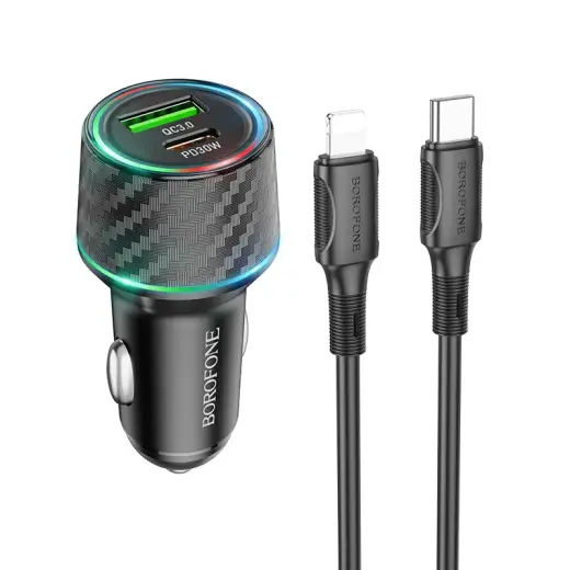 Зарядка для автомобиля Borofone BZ21 Brilliant | 48W | PD, QC | USB-A, USB-C, Lightning | с кабелем USB-C на Lightning в комплекте | черная