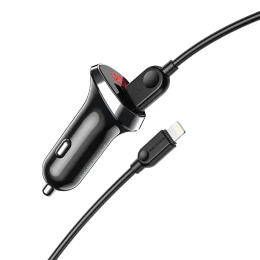 Borofone BZ15 Auspicious car charger | 12W | USB-A, Lightning | with Lightning cable included | with digital display | black
