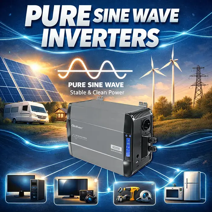 Qoltec Pure Sine Wave Inverter | 12V to 230V | 3000/6000W | LCD | USB | USC-C | Compatible with LiFePO4 GEL AGM
