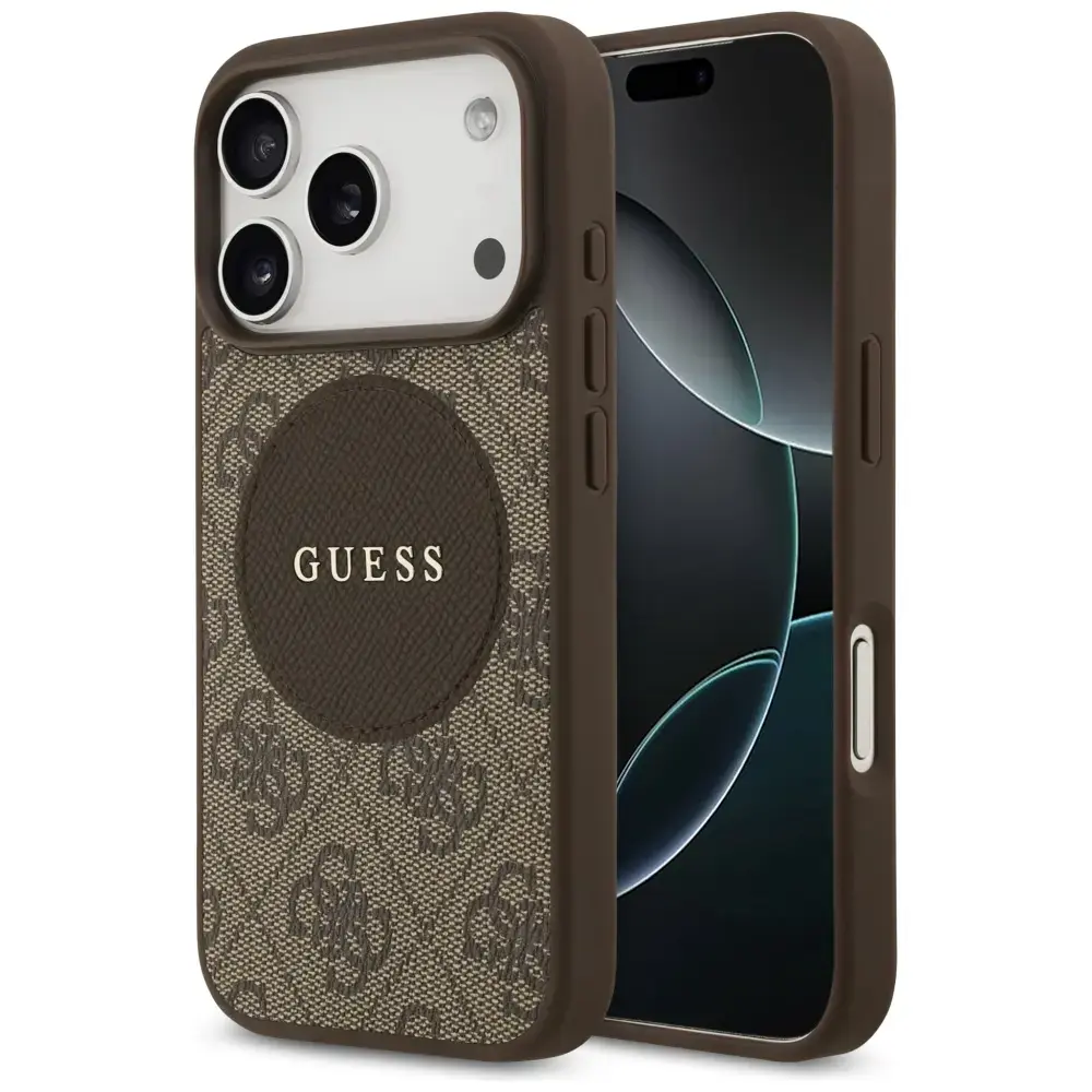Guess 4G Circle Classic Logo maciņš ar MagSafe atbalstu telefonam iPhone 17 Pro brūns